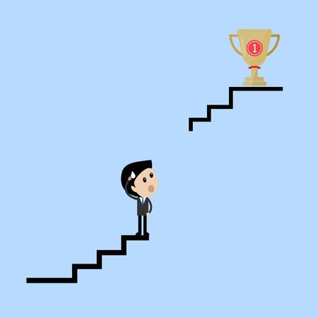 Businessman stand on broken stairway thinking of ways to get his trophy